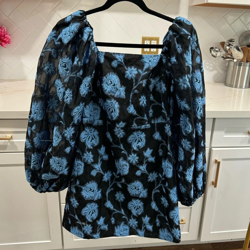 Free People Aureta Georgia Mini Dress NEW Size XS Formal Puff Sleeve Blue Floral - Picture 5 of 13